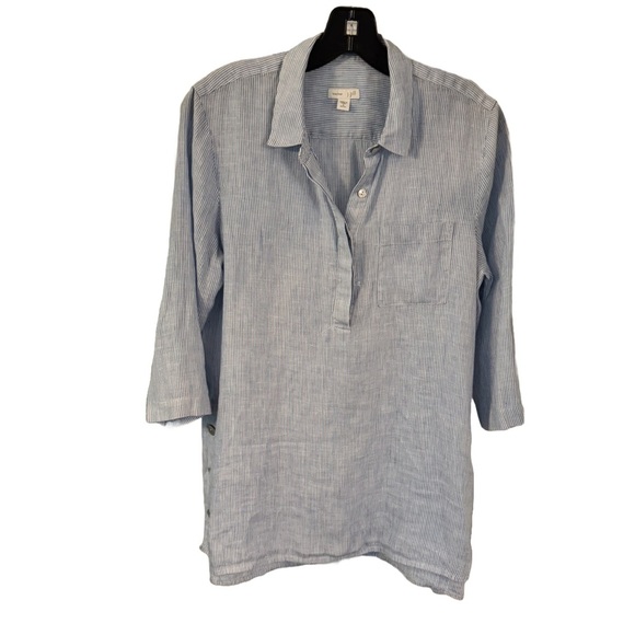 J Jill Love Linen Tunic Top Womens Size S Shirt Blue White Stripe 3/4 Sleeve - Picture 1 of 7
